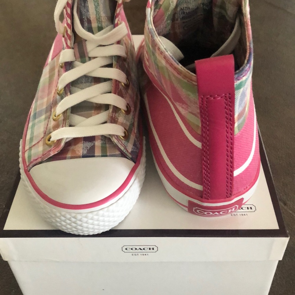 Women’s size 7.5 pink plaid Coach sneakers